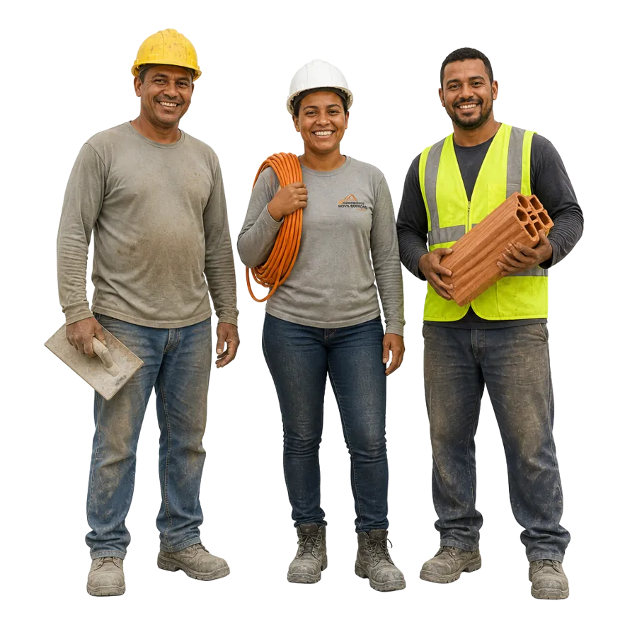 Três profissionais da construção civil sorrindo com capacete, cabo e tijolos
